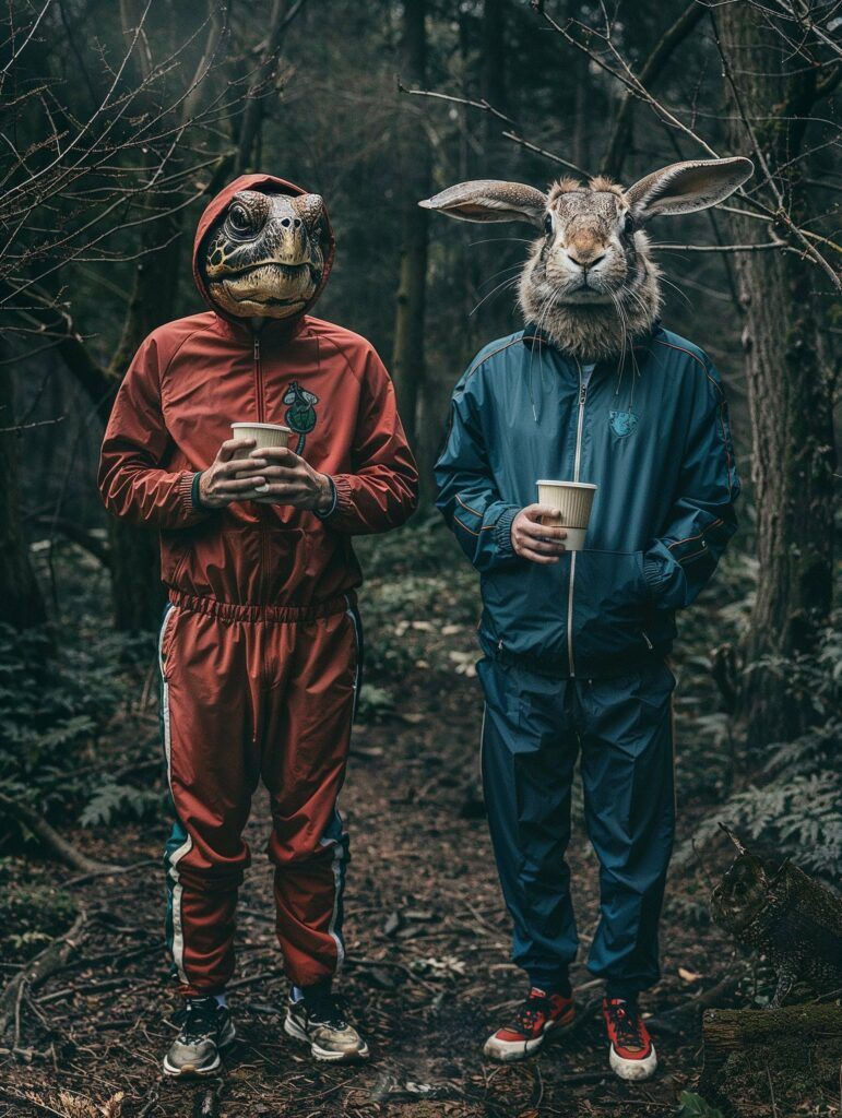 Two people in jogging suits. One with a turtle head and one with a rabbit head.