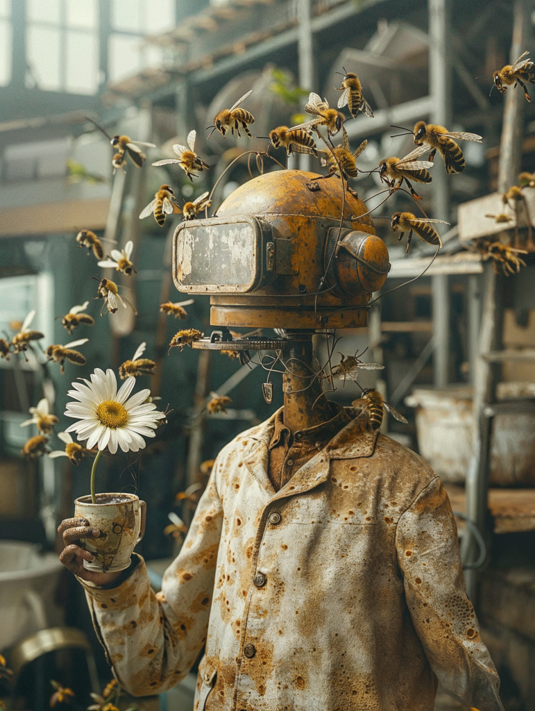 A robot with a daisy in its hand