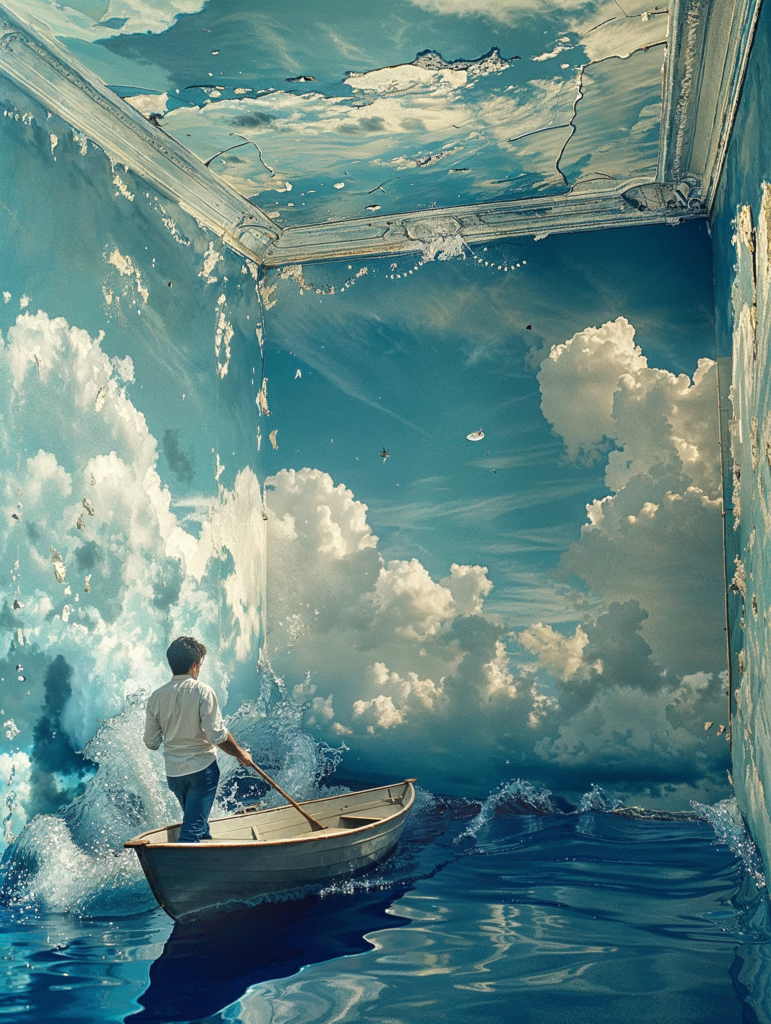A boy stands in a boat in a room with a sky as a wall.