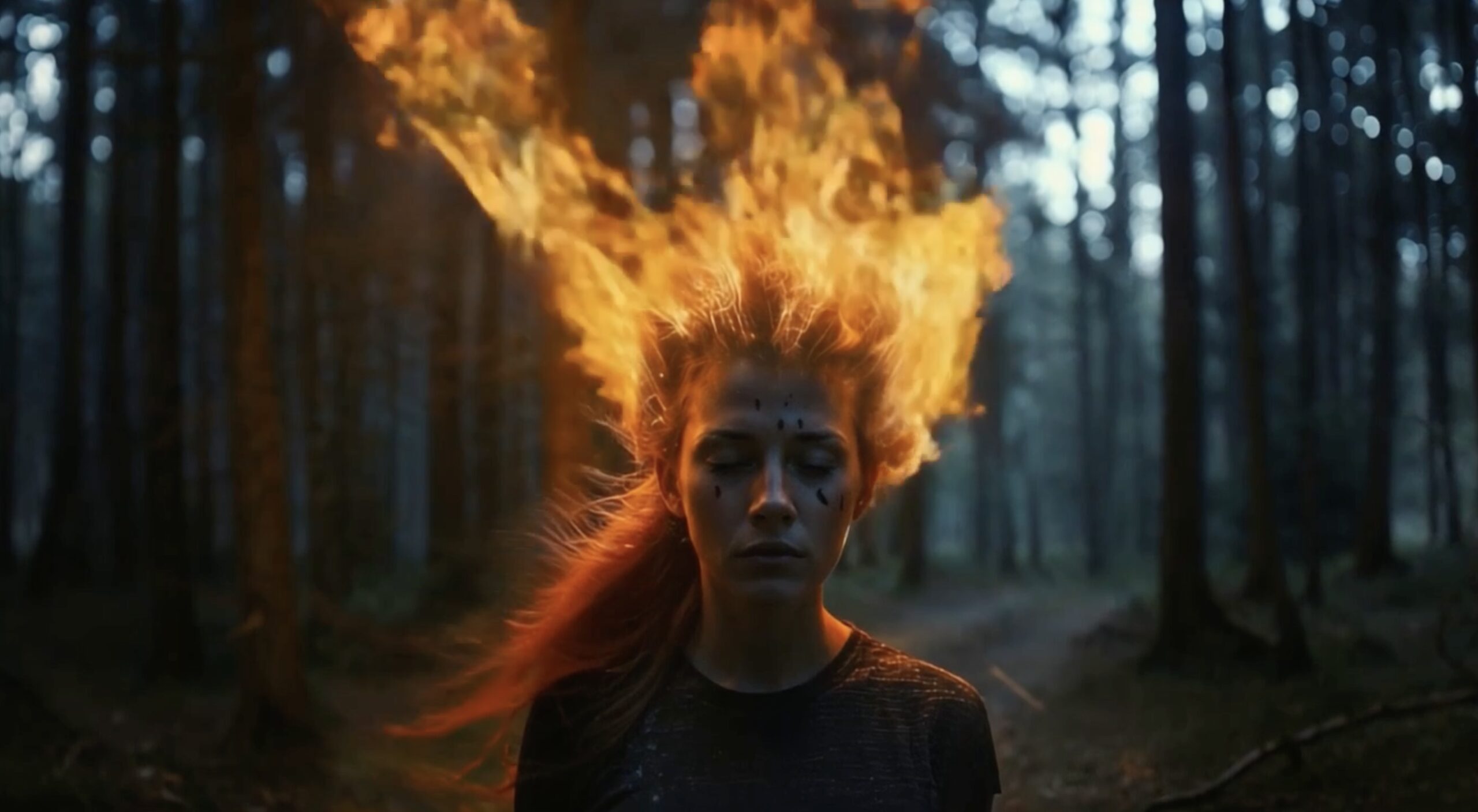 A girl with fire on her head