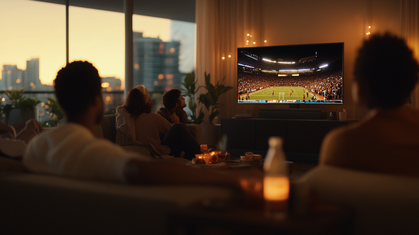 A vibrant scene in a modern living room, featuring a diverse group of people intently watching an exciting sports event on a large flat-screen TV