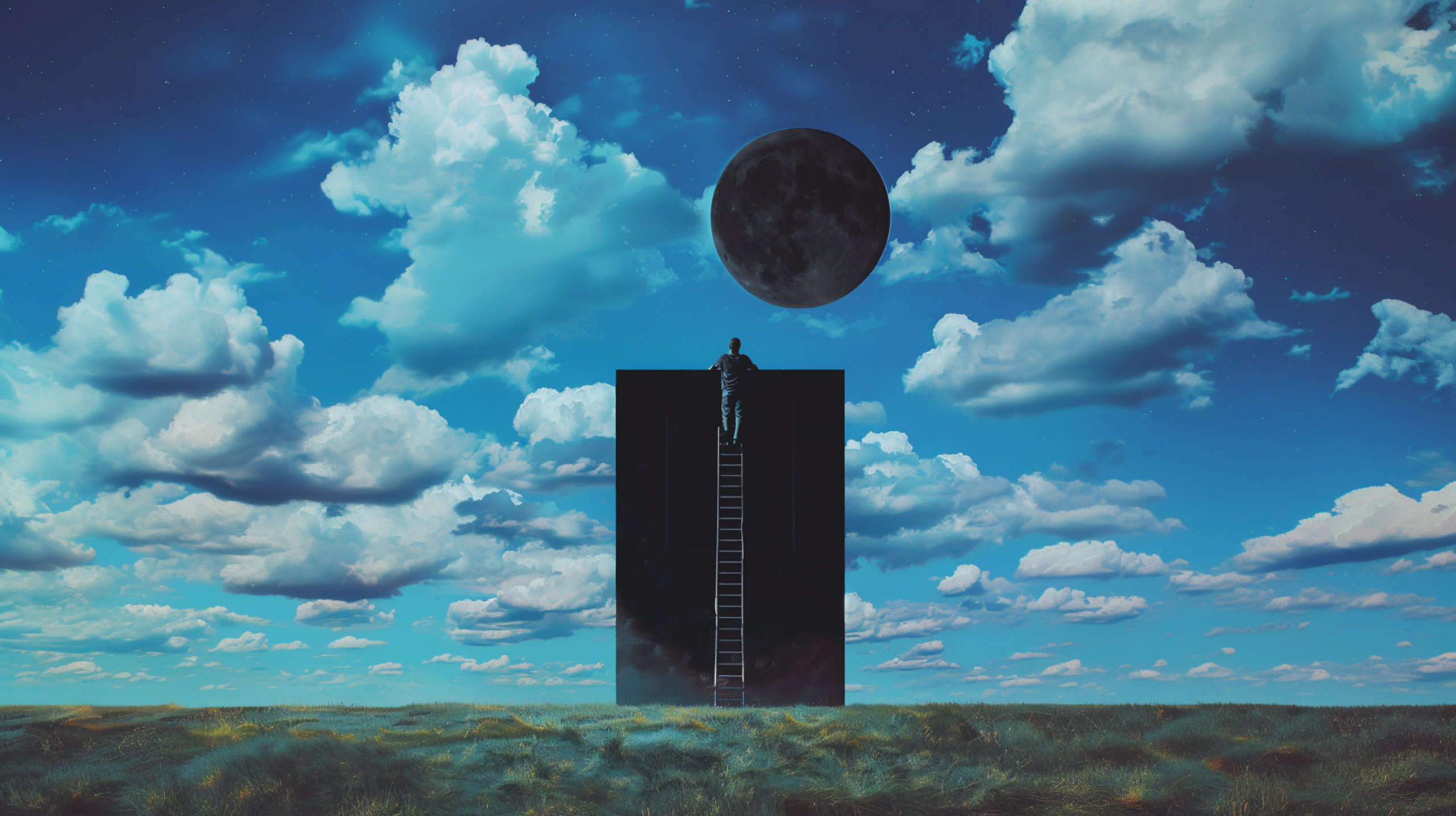A man climbs a ladder and looks up into the sky