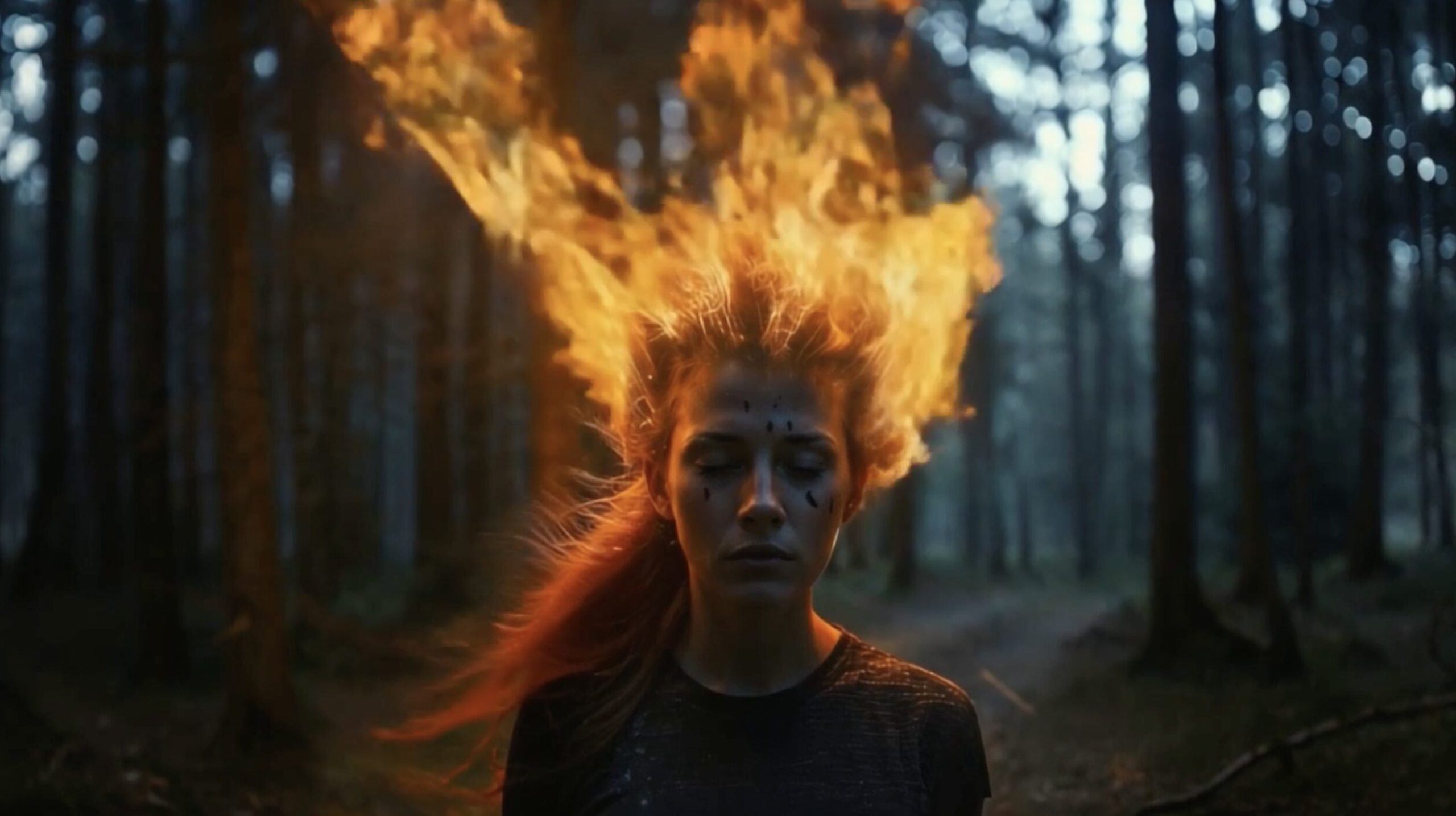 A girl with fire on her head